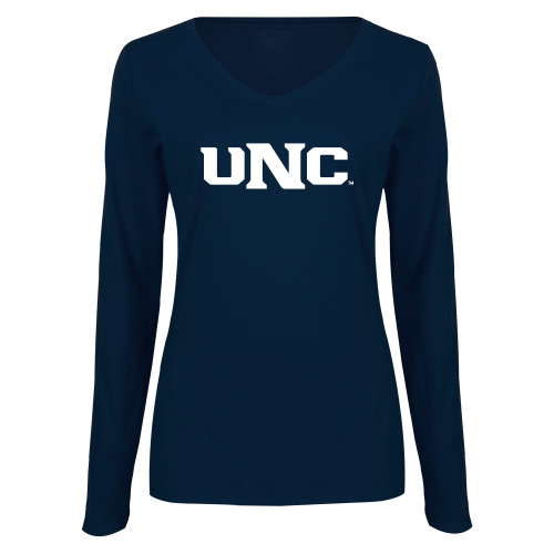  Womens Navy Long Sleeve V Neck Tee - UNC