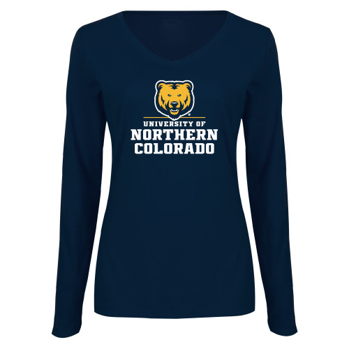  Womens Navy Long Sleeve V Neck Tee - Northern Colorado Stacked Logo