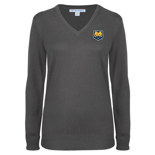  Womens Charcoal Heather VNeck Sweater - UNC Bear Logo