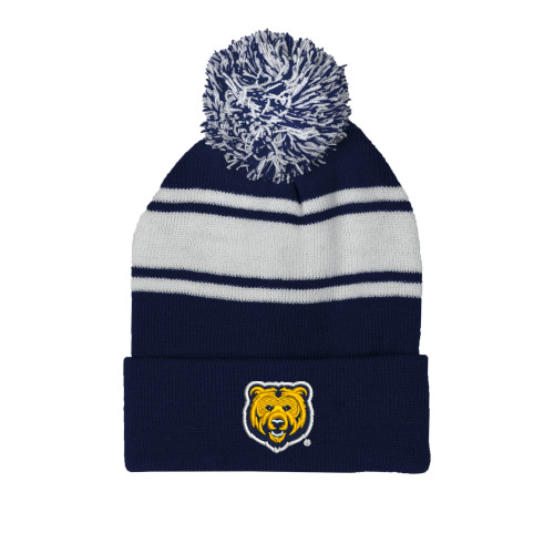  Navy/White Two Tone Knit Pom Beanie w/Cuff - UNC Bear Logo