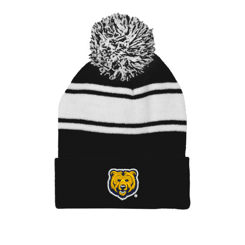  Black/White Two Tone Knit Pom Beanie w/Cuff - UNC Bear Logo