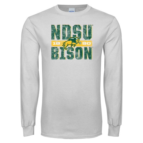 White Long Sleeve T Shirt-Block Stacked Distressed