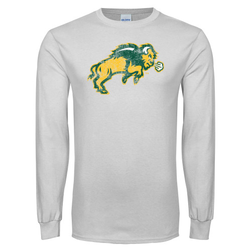 White Long Sleeve T Shirt-Bison Full Body Distressed