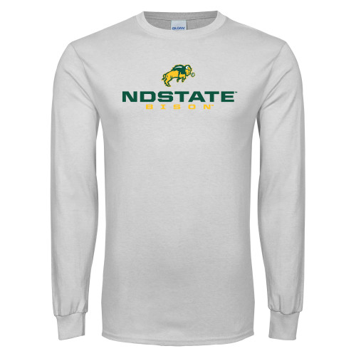White Long Sleeve T Shirt-NDSTATE Bison Stacked