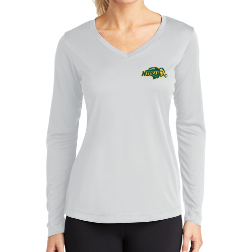 Womens White Performance Long Sleeve V Neck Shirt-Primary Mark
