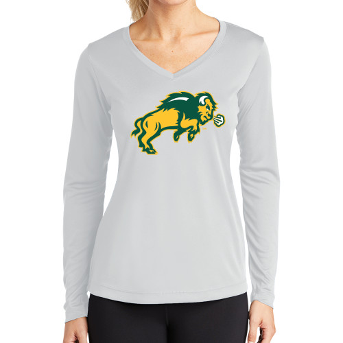 Womens White Performance Long Sleeve V Neck Shirt-Full Bison