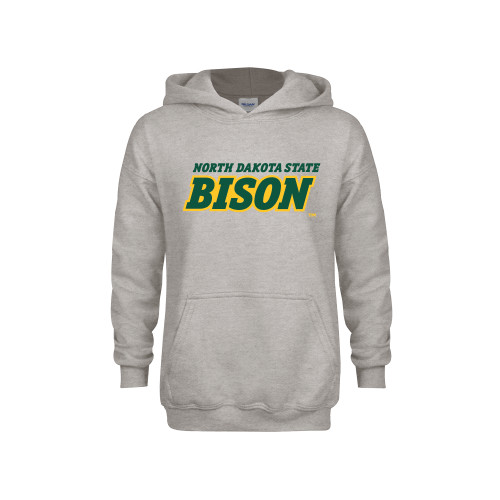 Youth Grey Fleece Hood-Bison Wordmark