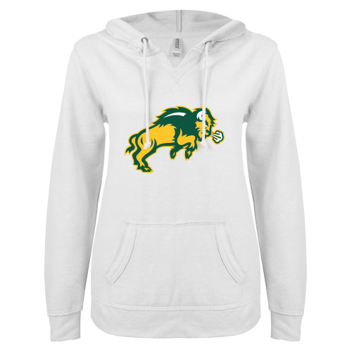 ENZA Womens White V Notch Raw Edge Fleece Hoodie-Full Bison