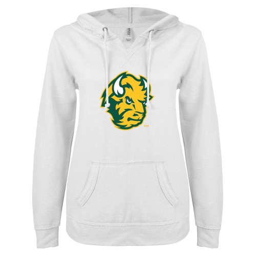 ENZA Womens White V Notch Raw Edge Fleece Hoodie-Bison Head