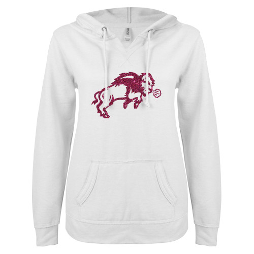 ENZA Womens White V Notch Raw Edge Fleece Hoodie-M Hot Pink Glitter