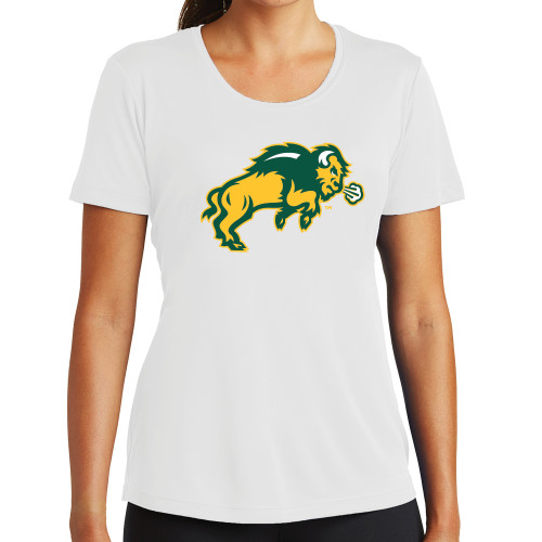 Womens White Performance Tee-Full Bison