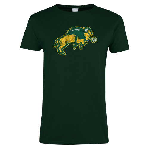 Womens Dark Green Short Sleeve Tee-Bison Full Body Distressed