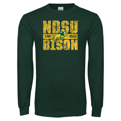 Dark Green Long Sleeve T Shirt-Block Stacked Distressed