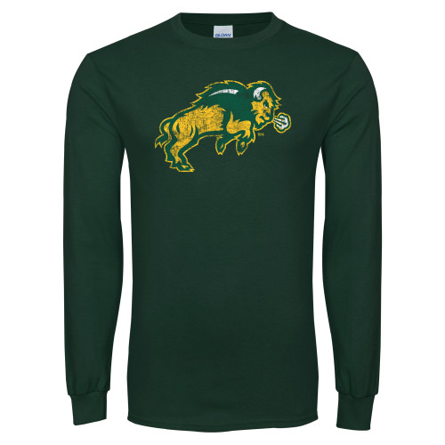 Dark Green Long Sleeve T Shirt-Bison Full Body Distressed