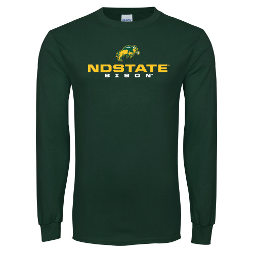 Dark Green Long Sleeve T Shirt-NDSTATE Bison Stacked