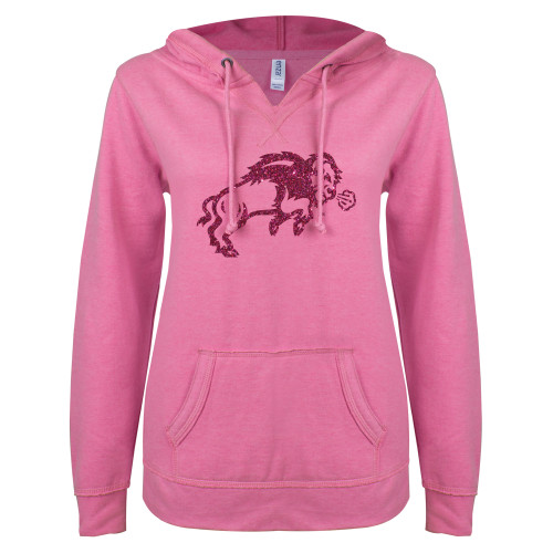 ENZA Womens Hot Pink V Notch Raw Edge Fleece Hoodie-M Hot Pink Glitter