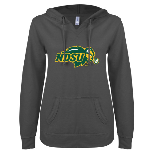 ENZA Womens Dark Heather V Notch Raw Edge Fleece Hoodie-Primary Mark