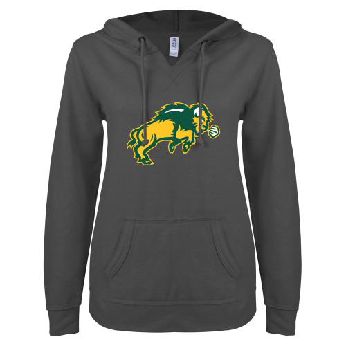 ENZA Womens Dark Heather V Notch Raw Edge Fleece Hoodie-Full Bison