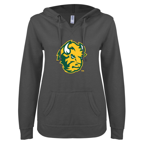 ENZA Womens Dark Heather V Notch Raw Edge Fleece Hoodie-Bison Head