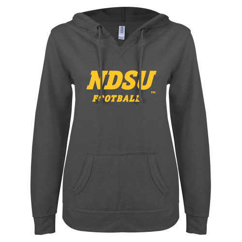 ENZA Womens Dark Heather V Notch Raw Edge Fleece Hoodie-Football