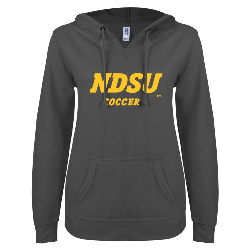 ENZA Womens Dark Heather V Notch Raw Edge Fleece Hoodie-Soccer