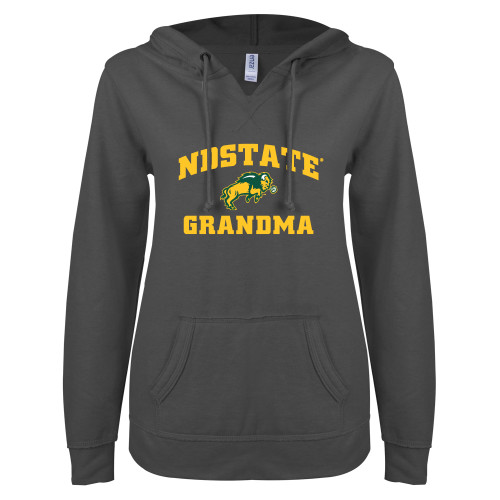 ENZA Womens Dark Heather V Notch Raw Edge Fleece Hoodie-Grandma