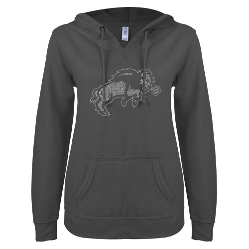 ENZA Womens Dark Heather V Notch Raw Edge Fleece Hoodie-A Silver Soft Glitter