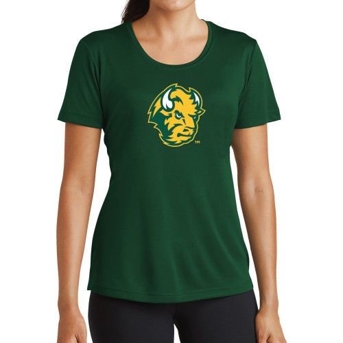 Womens Dark Green Performance Short Sleeve Tee-Bison Head