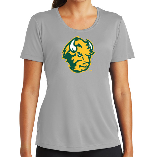 Womens Grey Performance Short Sleeve Tee-Bison Head