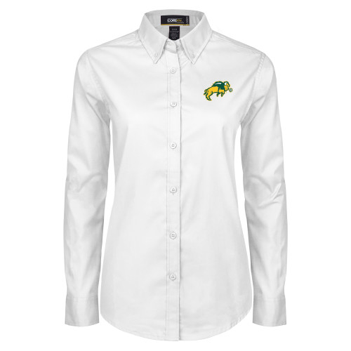 Womens White Twill Button Down Long Sleeve-Full Bison