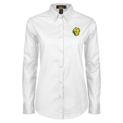 Womens White Twill Button Down Long Sleeve-Bison Head