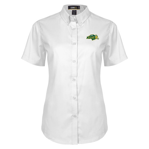 Womens White Twill Button Up Short Sleeve-Primary Mark