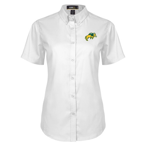Womens White Twill Button Up Short Sleeve-Full Bison