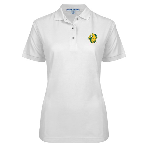 Womens Silk Touch White Pique Polo-Bison Head