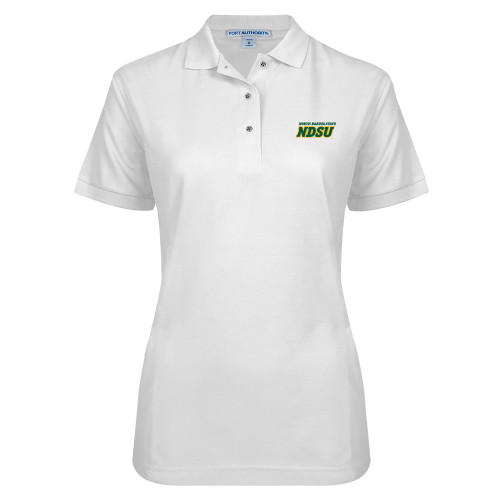 Womens Silk Touch White Pique Polo-NDSU Wordmark