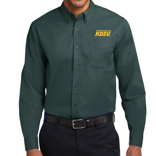 Dark Green Twill Button Down Long Sleeve-NDSU Wordmark