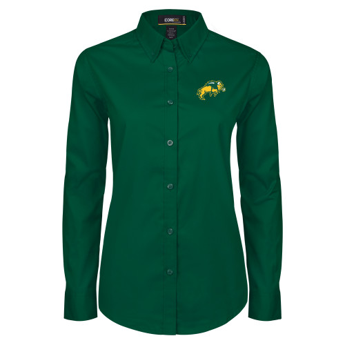 Womens Dark Green Twill Button Down Long Sleeve -Full Bison