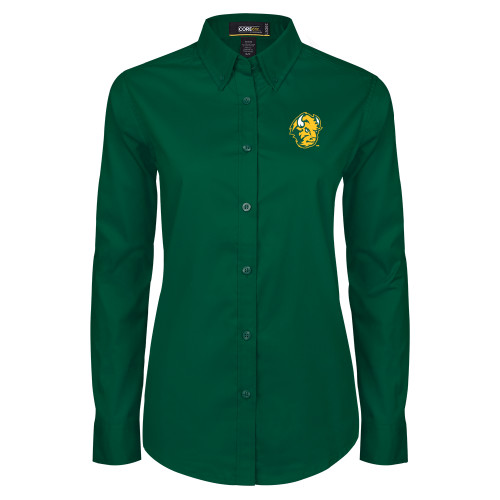 Womens Dark Green Twill Button Down Long Sleeve -Bison Head