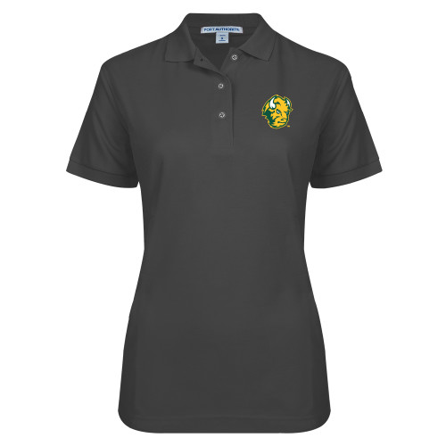 Womens Silk Touch Charcoal Pique Polo-Bison Head