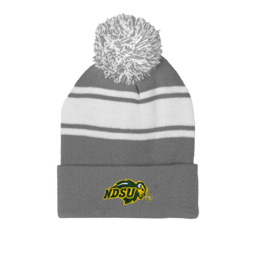 Grey/White Two Tone Knit Pom Beanie w/Cuff-Primary Mark