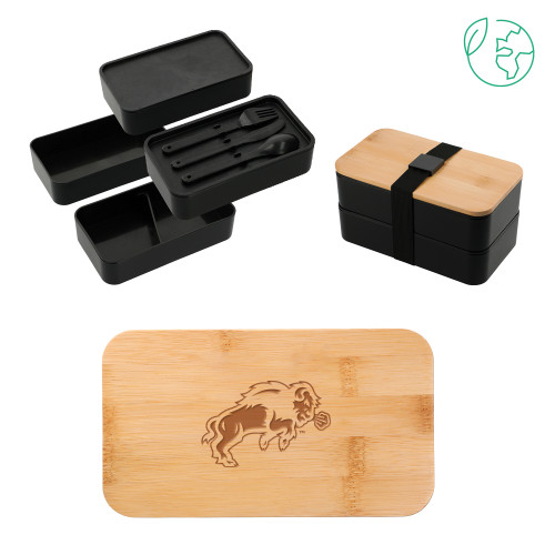 Stackable Bamboo Fiber Black Bento Box-Full Bison Engraved