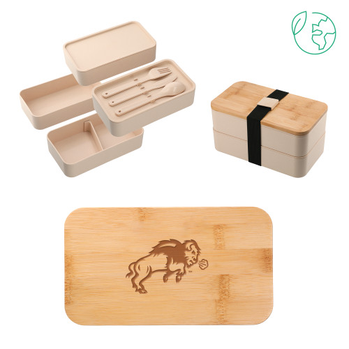 Stackable Bamboo Fiber Beige Bento Box-Full Bison Engraved