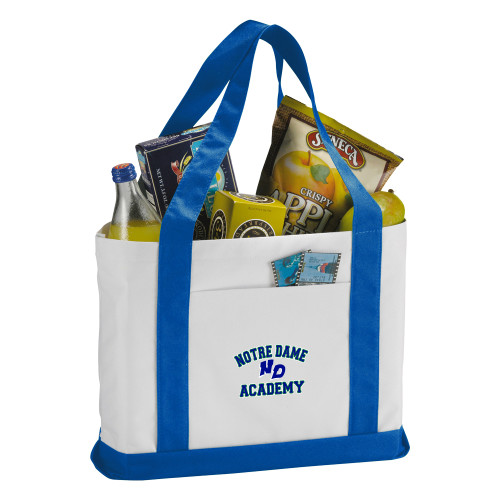 Contender White/Royal Canvas Tote-Notre Dame de La Baie Academy Notre Dame Academy ND Stacked 2 Color