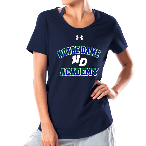 Under Armour Womens Navy Charged Cotton Tee-Notre Dame de La Baie Academy Notre Dame Academy ND Stacked 2 Color