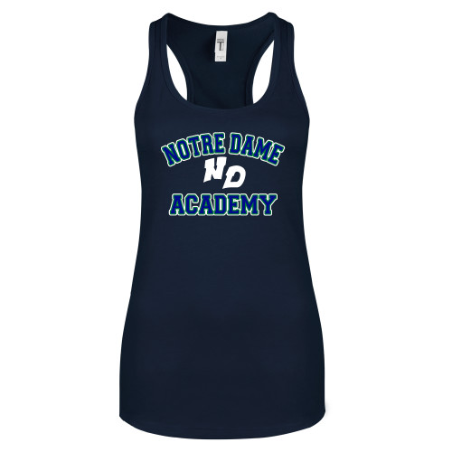 Next Level Womens Navy Racerback Tank -Notre Dame de La Baie Academy Notre Dame Academy ND Stacked 2 Color