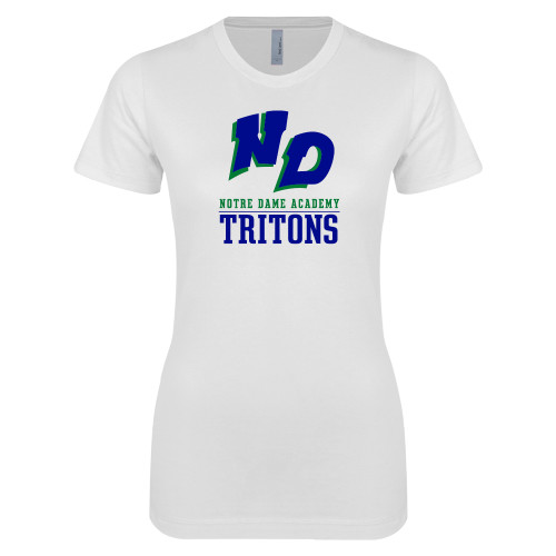 Next Level Womens White Boyfriend Tee-Notre Dame de La Baie Academy Notre Dame AcademyTritons ND Stacked