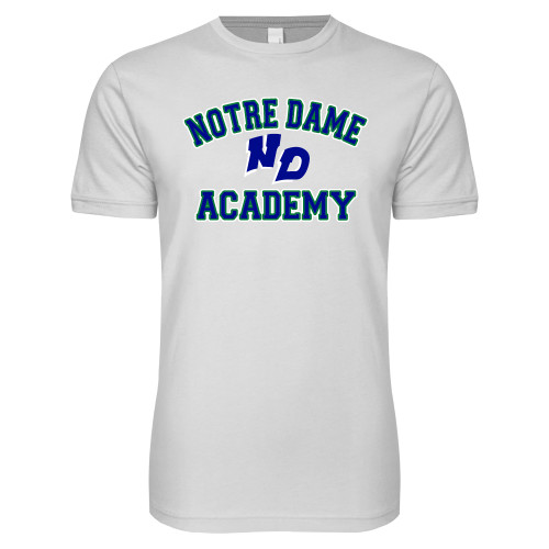 Next Level White SoftStyle T Shirt-Notre Dame de La Baie Academy Notre Dame Academy ND Stacked 2 Color