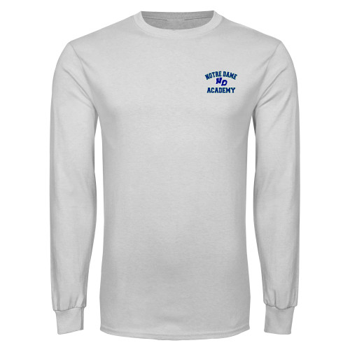 White Long Sleeve T Shirt-Notre Dame de La Baie Academy Notre Dame Academy ND Stacked 2 Color