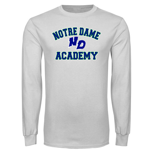 White Long Sleeve T Shirt-Notre Dame de La Baie Academy Notre Dame Academy ND Stacked 2 Color