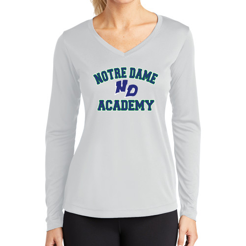 Womens White Performance Long Sleeve V Neck Shirt-Notre Dame de La Baie Academy Notre Dame Academy ND Stacked 2 Color